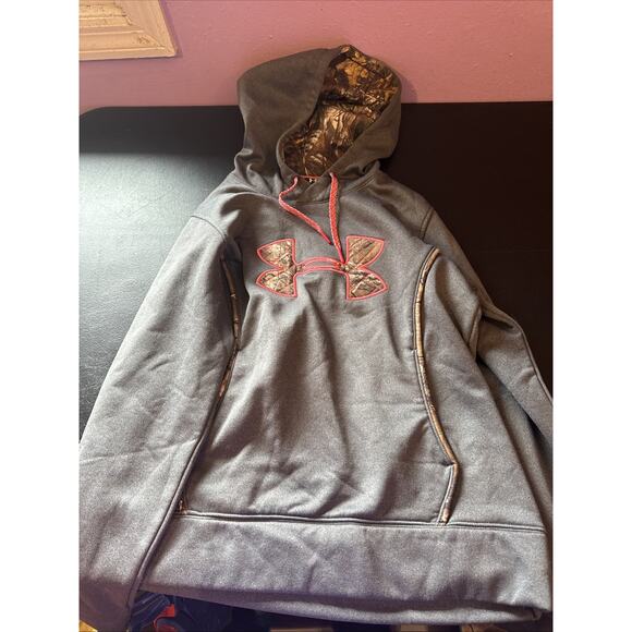 Under Armour Women's Size Medium Semi-Fitted Gray Camo Logo Pullover Hoodie Pink - Picture 1 of 7